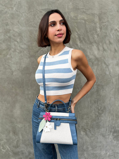 Emma Navy Linen Flower | Crossbody Bag